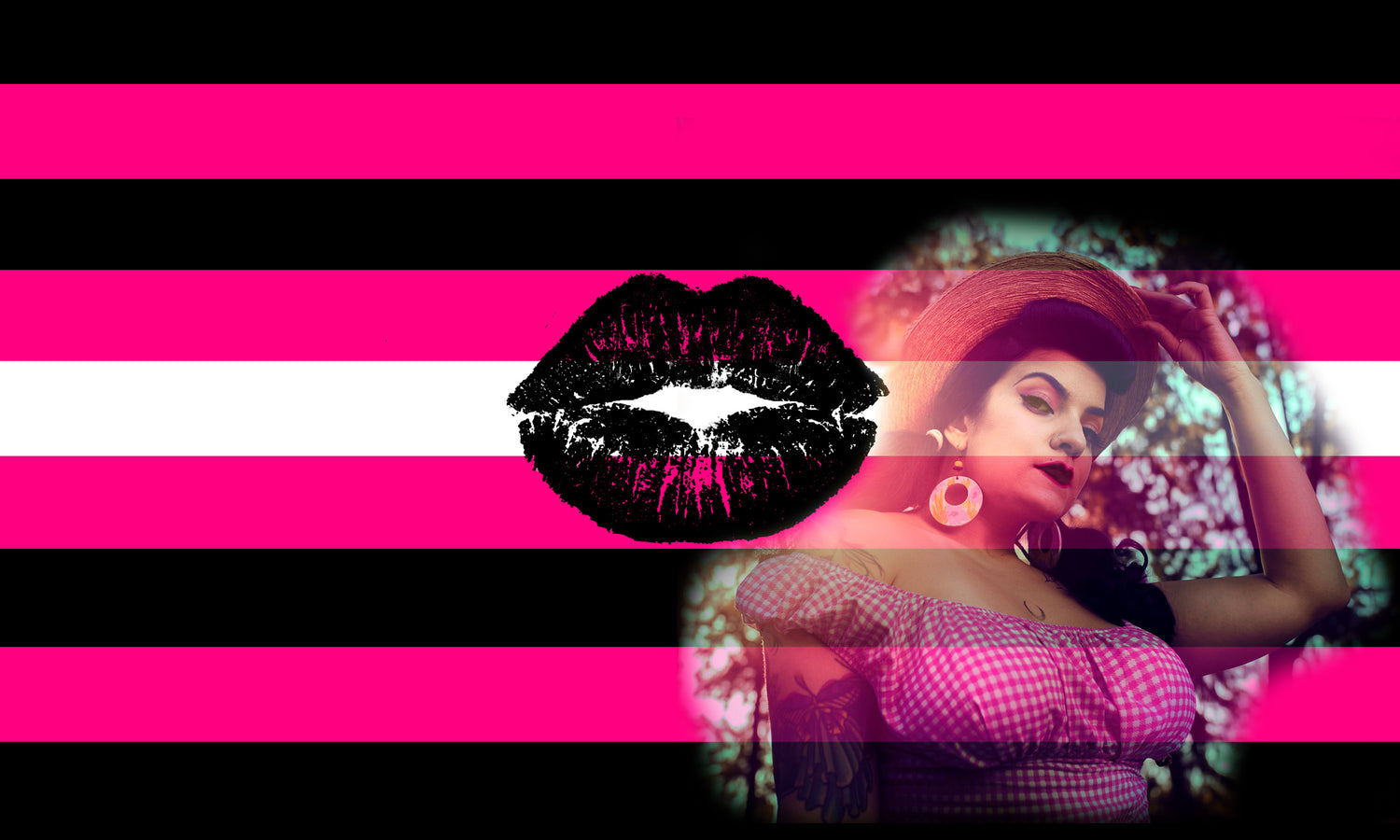 The Queer femme pride flag has 8 black and pink stripes with a white center stripe and black kiss mark. A femme is tipping her hat on the right. lgbtqai pride flags, femme invisibility, Fierce Femme, lgbt, MtF, FtM, Nonbinary, gay pride, intersectionality