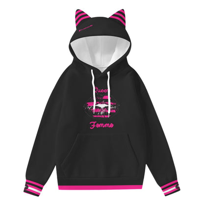 Queer Femme Pride flag  hoodie with pink and black striped cat ears, the word fierce on the  right side of the hood, white interior and black exterior, with white draw strings., the word Queer in pink at the top of the front, striped femme lips in the center and Femme in cursive under. Kangaroo pocket and pull-over style sweatshirt, with pink bottom ribbing and queer femme pride flag cuffs. Sizes small medium large extra large 2x 3x 4x 5x  